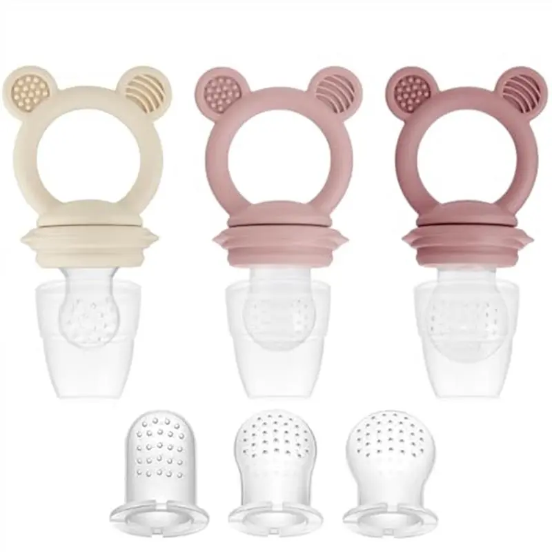 3 Pack Fruit & Food Feeder Pacifier, Silicone Feeder Pacifier with 3 Sizes Pouches (Pink/Linen)