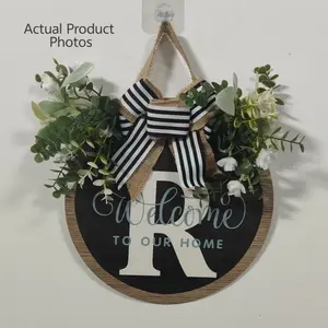 Custom Initial Letter Door Sign, Welcome Sign for Home Entryway or Wall Decor, Floral and Bow Design, Choose Your Last Name Initial Style, Door Hanging Sign