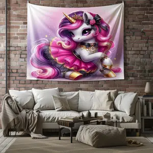 Sweet Cool Ballet Unicorn Tapestry, Girl Heart Decorative Wall Hanging, Fairy Tale Bedroom Background, Perfect Holiday and Birthday Gift