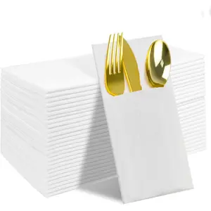 25 Person Disposable White Linen-Feel Dinner Napkins with  Fork Spoon,-in Flatware Pocket, -in- Place Setting for Party, Picnic, Wedding (White,Equipped with , forks, spoons)