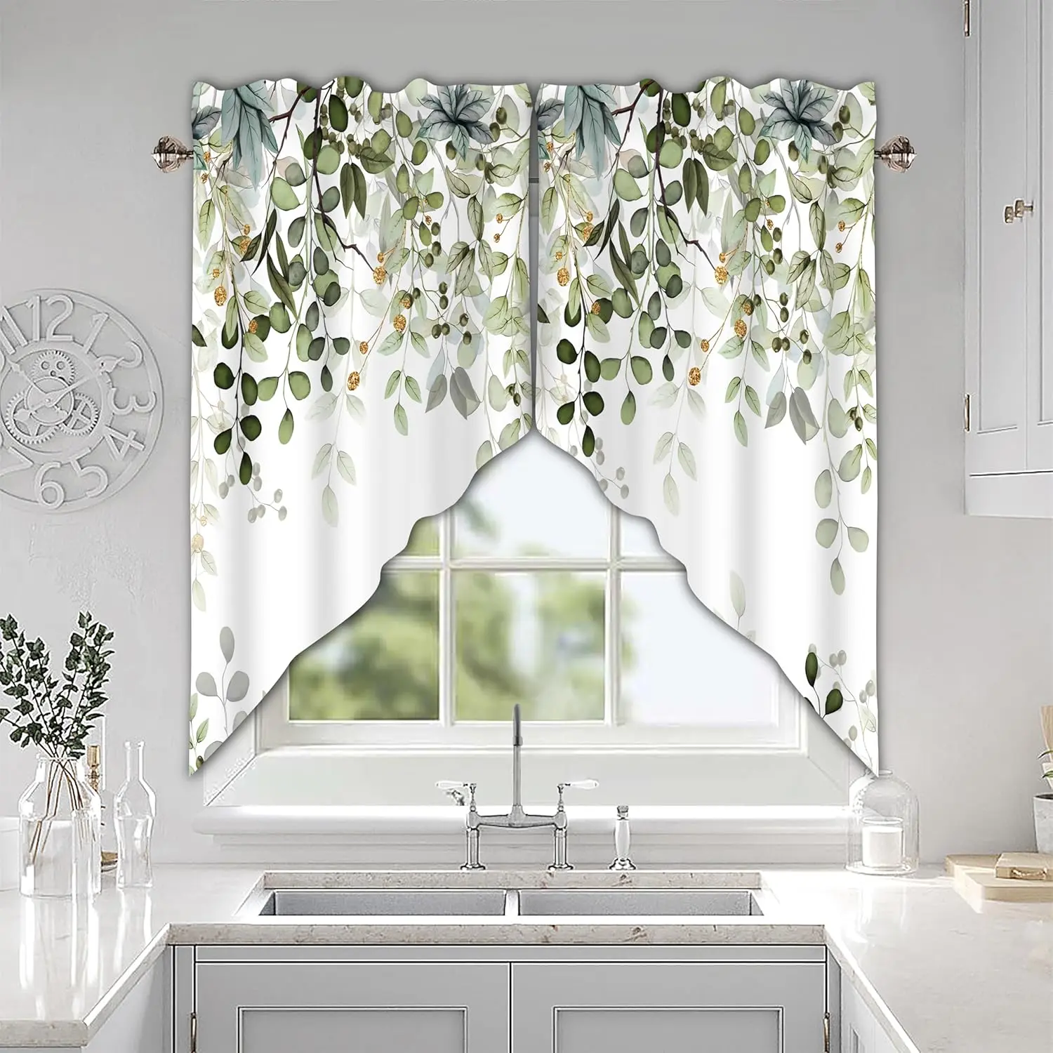 Sage Green Eucalyptus Swag Curtain Valance for Windows,Watercolor Leaves Window Treatments Short Swag Topper for Kitchen Windows Bathroom Bedroom,28 x 36 Inch