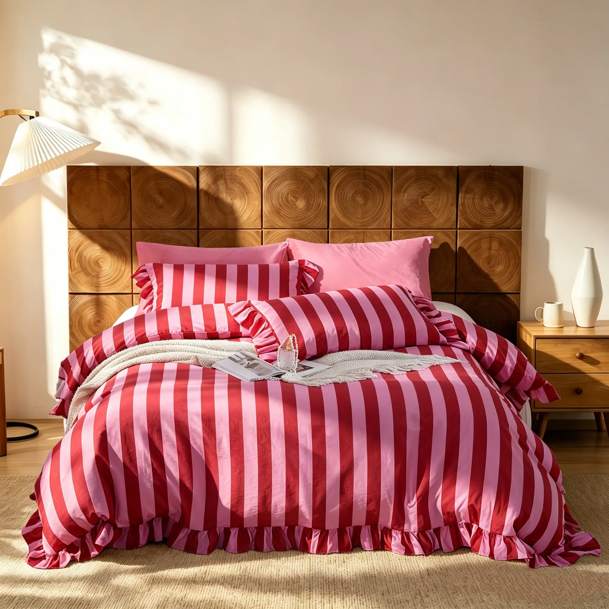 Sweet Pink Striped 3-Piece Set, Ruffled Edge Design Bedspread Kit, (Include 1*Duvet Cover, Without Duvet Insert,2 *Pillowcases, Without Pillow Core), Soft Fabric, Perfect Gift
