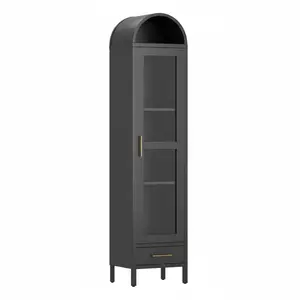 Garvee 73 In Tall Narrow Arched Bookcase, Metal Arched Storage Cabinet with Glass Door & Drawer, Modern Black Pantry Cabinet for Living Room, Kitchen, Office - Easy Assembly