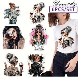 Set of 6 Heat Transfer Stickers, Woman Enjoying Wine Scene, Washable Iron-On Patches for DIY Projects, Realistic 3D Effect, Clothing Decoration, Crafts
