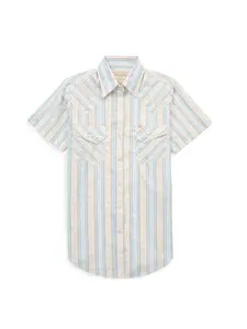 Women's Cowboygirl First Light Ride Blue Short Sleeve Spurs Print Granddaddy Snap Shirt