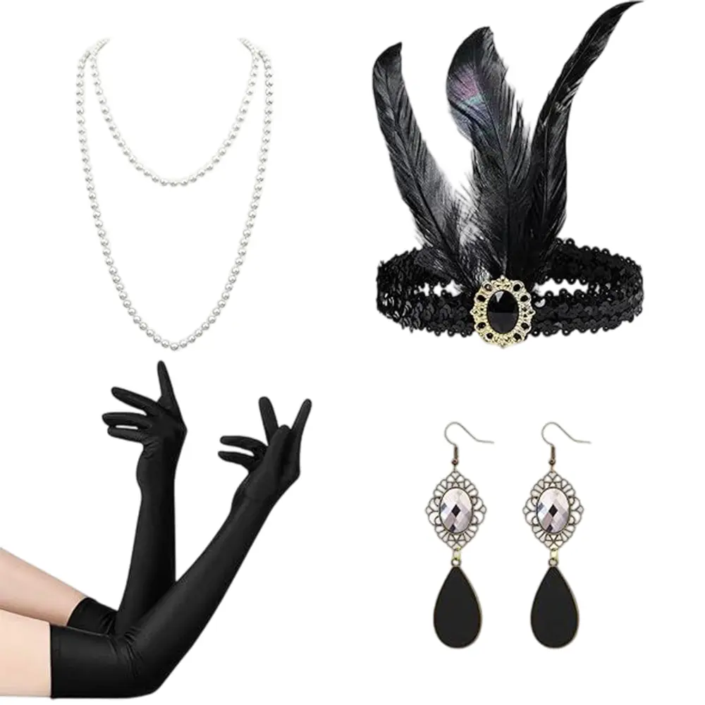 4 piece 1920s Flapper Set for Women Headband Headpiece Costume Accessories for Vintage Wedding Costume Accessories
