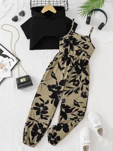 Girl's Top & Floral Print Jumpsuit Two-Piece Set, Casual Short Sleeve Top & Jumpsuit for Summer, Summer Outfits Set, Casual Outfit Set, Kids Clothes for Daily Wear