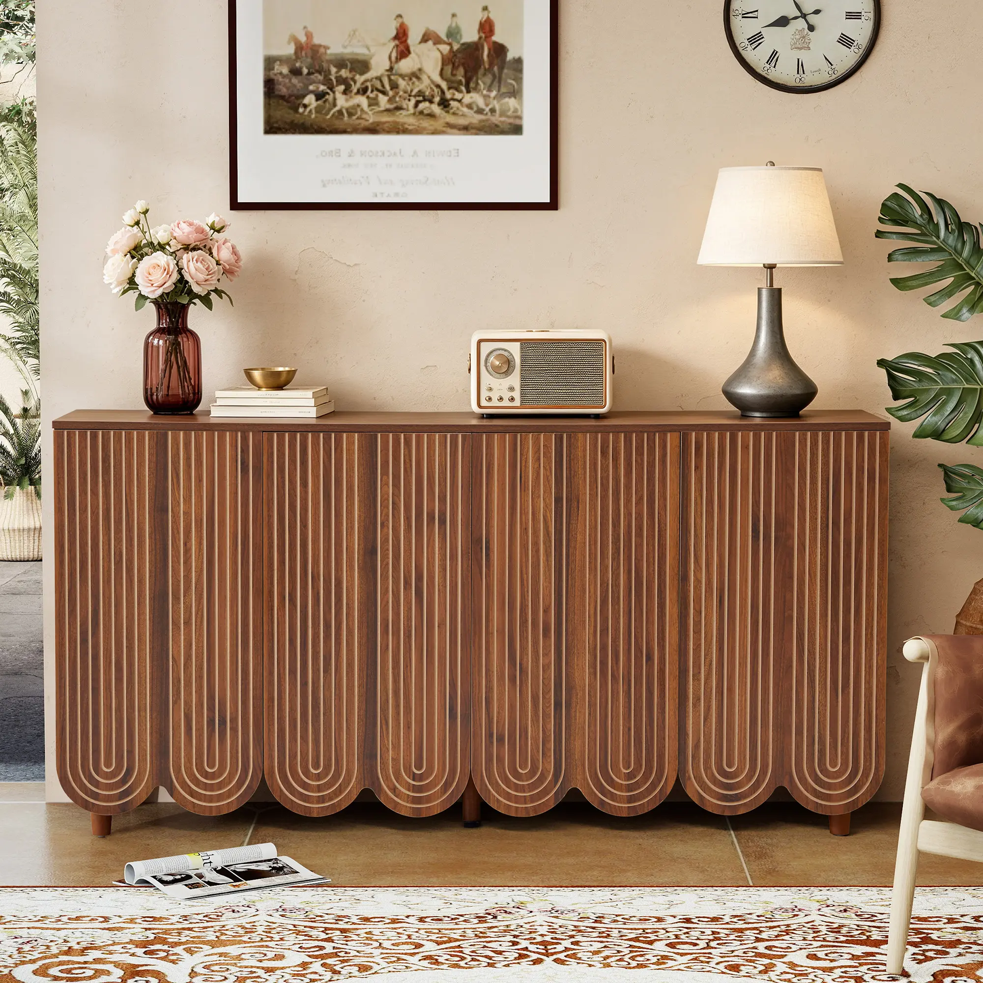 Giratree weselon 63" Buffet Cabinet with Scalloped Arched Doors, 4-Door Sideboard with Adjustable Shelves, Push-to-Open & Soft-Close Hinges, Solid Wood Legs Storage Cabinet for Coffee Bar TV Console