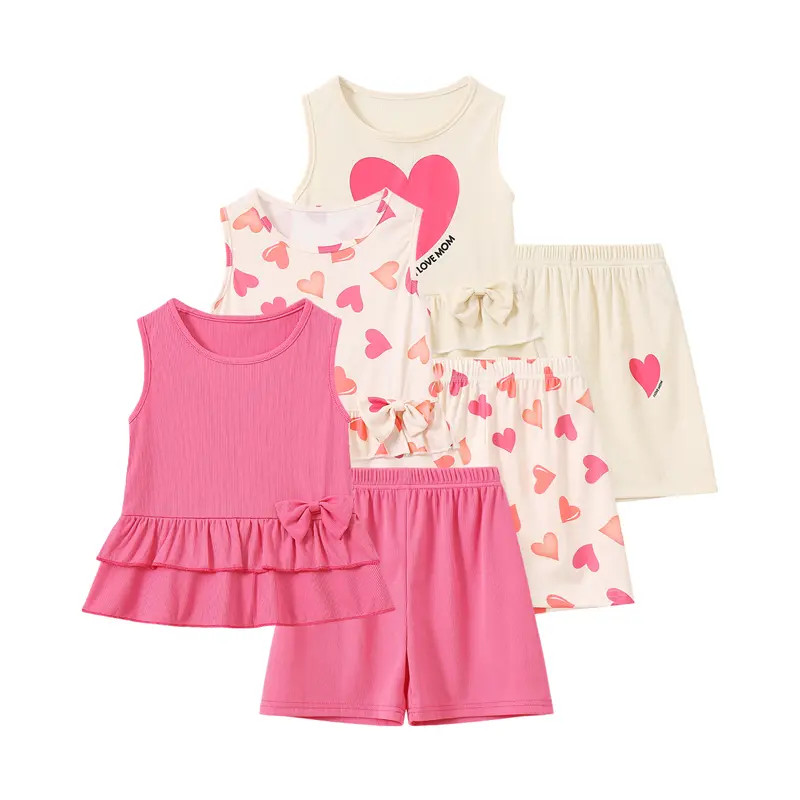 Girls' 6-Piece Summer Ribbed Tank Top Outfits - Casual Kids Clothing Girls Easy Match Set, Breathable Rib Knit, Ruffled Heart Prints Bring Cheerful Color, Solid Colors, Sleeveless, Soft, Ages 4-12