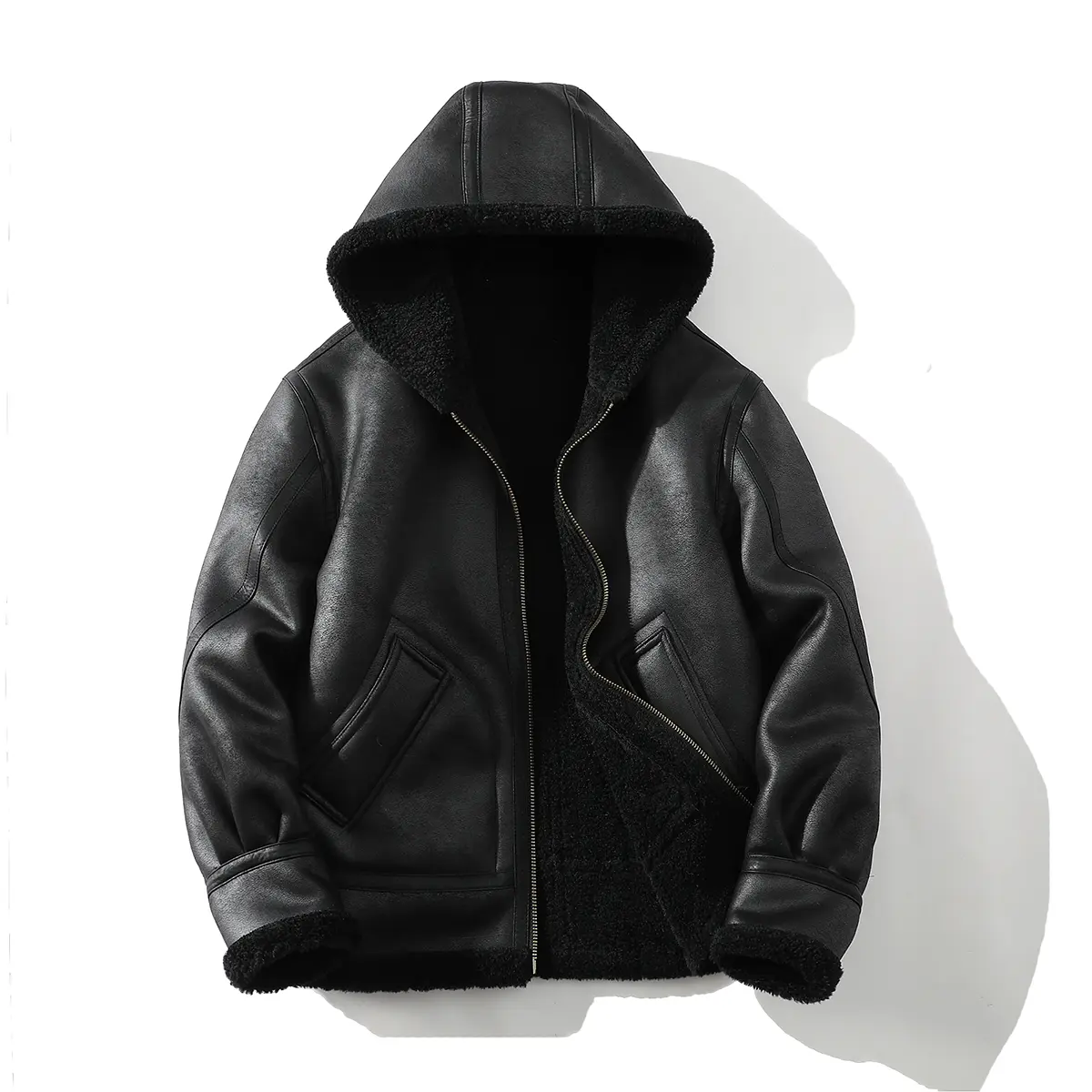 Men's Handmade Limited-Edition Stylish Casual Menswear Long Sleeve Suede-Like Hooded Jacket, Faux Shearling, Thick Fleece-Lined, Outdoor Windproof Tops, Outdoor Ready
