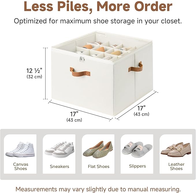 Large Shoe Storage Bin for Closet, Shoe Organizer Box Fits up to 16 Pairs, Collapsible Fabric Shoe Basket w/Clear Cover, Adjustable Dividers & Reinforced Handles