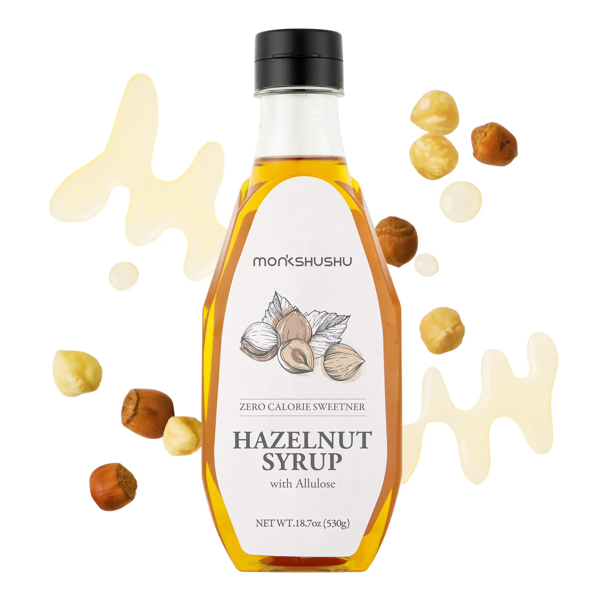 MONKSHUSHU Hazelnut Allulose Syrup 18.7 Fl Oz for coffee, drinks - Keto Diet, Vegan friendly, Diabetes-Safe - Zero Calorie, Liquid type Sugar Substitute - Monk Fruit - Gluten Free, 0g Net Carbs