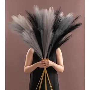 9 count 45" Faux Dried Pampas Grass Tall Decor, Fluffy  Long Pompas Artificial Black Grey Gray Pompous Stems Bouquet Flower Arrangement Vase Filler for Boho Home Wedding Decoration