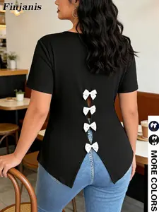 Plus Size Short Sleeve Top, Blouse, Shirts, Back Bow Split Design, Slim Fit, Casual Sweet Cool Chic Style, Daily Wear, Eye-Catching