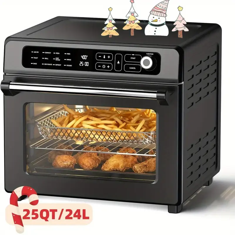Kismile 25QT Digital Stainless Steel Countertop Multifunction Oven - 12-in-1 Air Fryer Toaster Oven Combo, 1600W Natural Convection, Digital Control, Roast,Bake,Dehydrate,Reheat, Black (Included Food Cooking Ideas), Timer