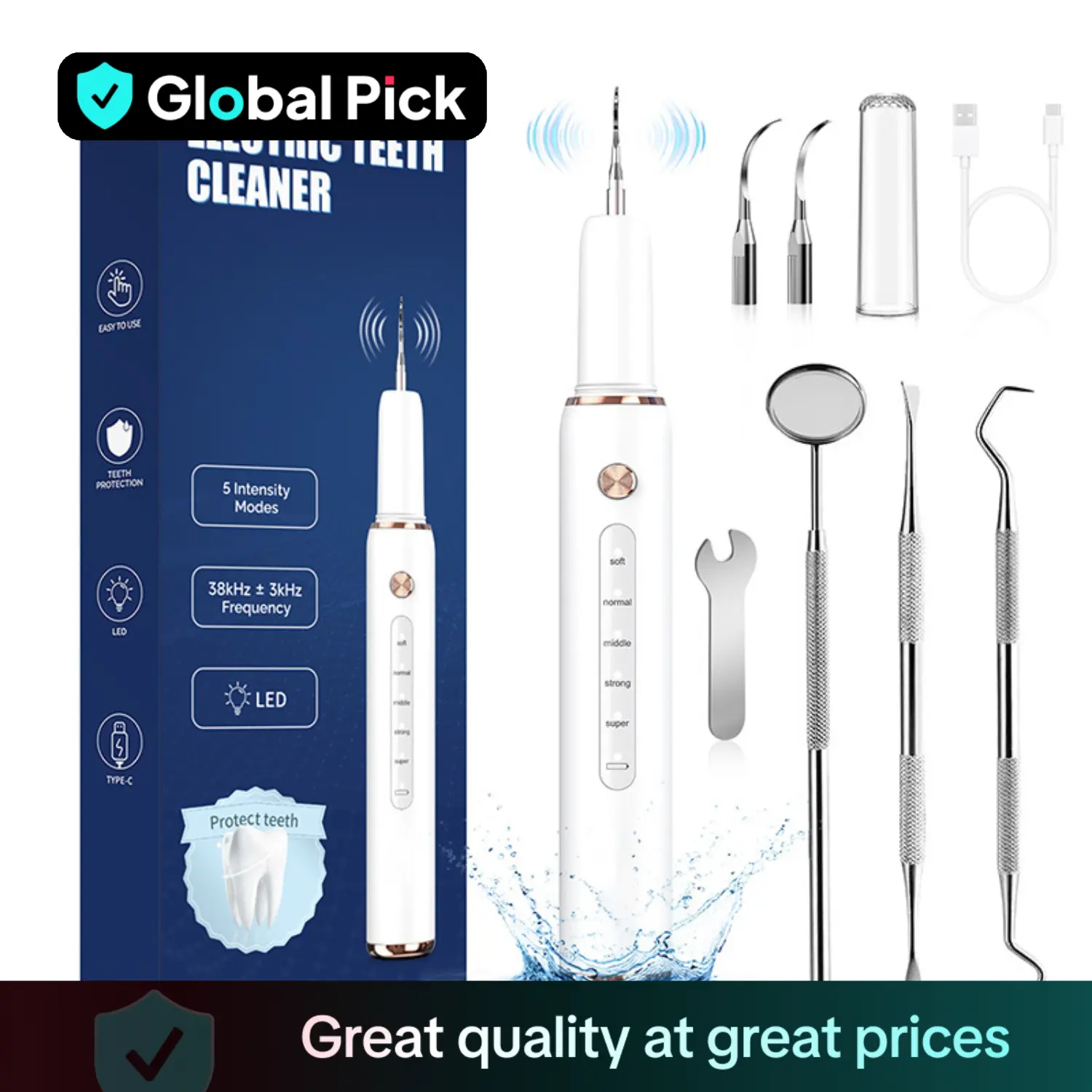 Plaque Remover for Teeth, Dental Cleaning Kit Tartar Remover for Teeth with Led Light & 5 Modes, Rechargeable Dental Cleaner with Replacement Heads &