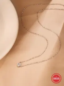 S925 Sterling Silver Round Artificial Zircon Pendant Necklace for Women, Fashion Jewelry for Party, Daily Decor, Daily Wear Necklace, Trendy All-match, Minimalist Necklace & Exquisite Jewelry for Birthday Gift