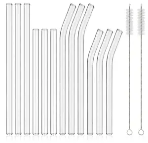 12 Pieces Reusable Shatterproof Glass Straws - 11" x 8mm and 9" x 8mm, each includes 3 straight and 3 bent tubes with 2 cleaning brushes, for 30 oz and 20 oz oz glass juice coffee cocktail tea