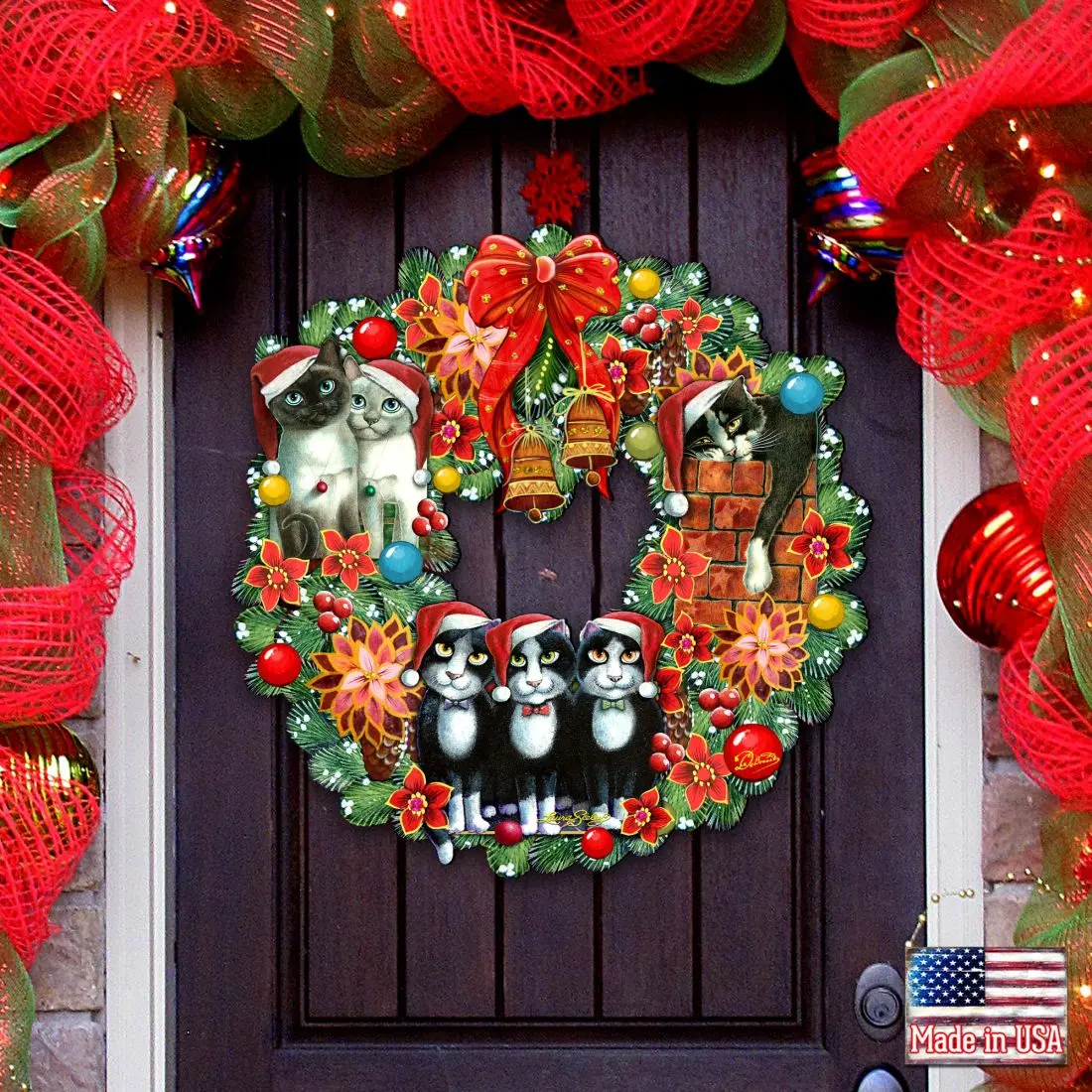 Christmas Friends Kitty Door Wreath by G. DeBrekht and L. Seeley - Pets Dog and Cats Decor - 8185307-5H-SL
