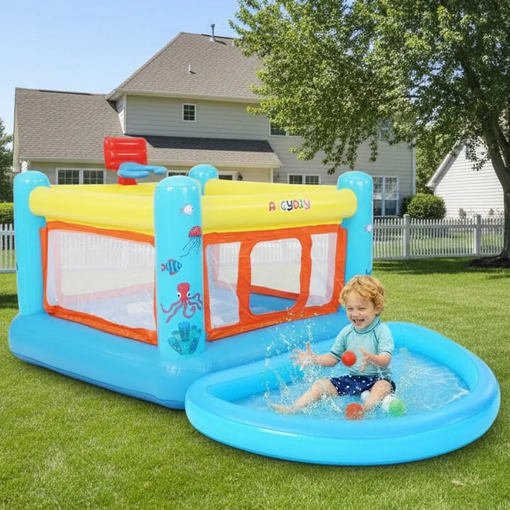 Whubefy Inflatable Bounce House with Detachable Pool/Ball Pit & Air Pump for Kids Ages 3-6, Durable PVC Inflatable Trampoline with Large Jumping Area, Basketball Hoop, Game Map for Indoor/Outdoor/Park/Backyard, Gifts for Children