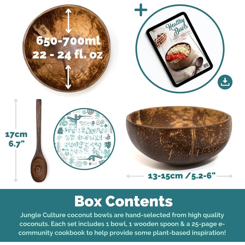 1 Coconut Bowl & Spoon with FREE eBook o Wooden Bowl o Salad Serving Bowl o Acai Smoothies Pasta Cereal Bowl o Vegan  Ideas o  Coconut Shell Bowls