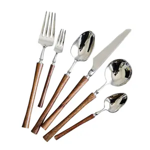24 Piece Elegant Wood Handle Silverware Set for 4, Premium 18/10 Stainless Steel Flatware Cutlery Set, Rust-Resistant Kitchen Utensil Set (4 Set-24 Piece)
