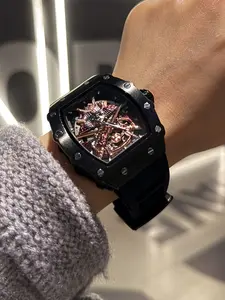 Edgy Dark Aesthetic Mechanical Watch, Tonneau Case, Samurai Skeleton Dial, Silicone Strap, Fashion Analog Watch, Analog Mechanical Watches