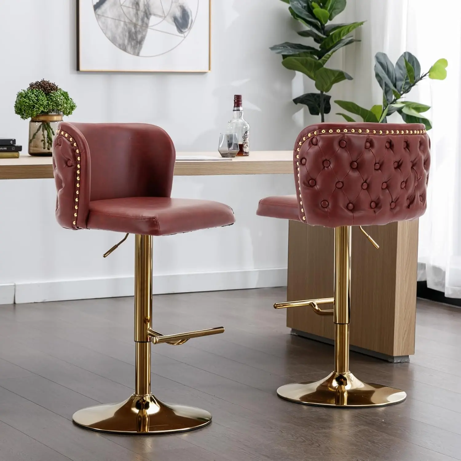 Swivel Bar Stools Set of 2, PU Leather Barstools bar Height Adjustable Counter Stool with Back Button Tufted Wingback and Gold Chrome Metal Leg, Bar Chairs for Kitchen Island Dining Room Pub, Modern