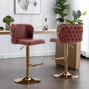 Swivel Bar Stools Set of 2, PU Leather Barstools bar Height Adjustable Counter Stool with Back Button Tufted Wingback and Gold Chrome Metal Leg, Bar Chairs for Kitchen Island Dining Room Pub