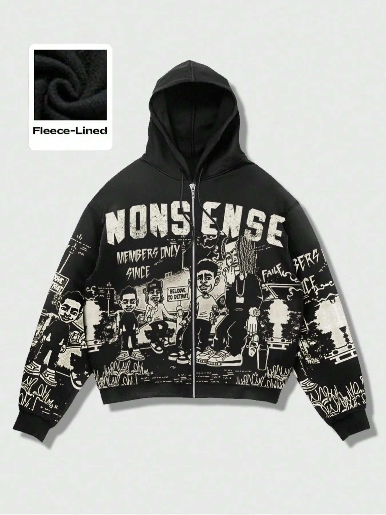 Zipper cardigan oversized long sleeves hoodie for music festival, men's streetwear trend brand hoodie, autumn and winter fleece hoodie, unisex Casual cardigan jacket, personalized graffiti, black cartoon rapper hoodie