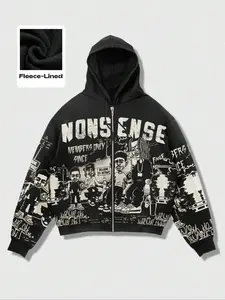 Zipper cardigan hoodie for music festival, men's street trend brand hoodie, autumn and winter fleece hoodie, unisex cardigan jacket, personalized graffiti, black cartoon rapper hoodie