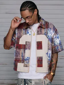 Men's American Streetwear Plaid Graffiti Patchwork Short Sleeve Shirt, Hip Hop Style Zip-Up Casual Overshirt, Perfect for Daily Wear & Street Style #springsaledeals2026 #summeroutfits #tiktokshopmademebuyit #streetshirt