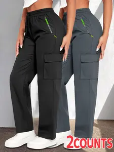 2-pack women’s spring/autumn cargo pants with green letter print and zippered pockets, featuring stylish large patch pockets; outdoor long pants suitable for jogging and everyday wear.