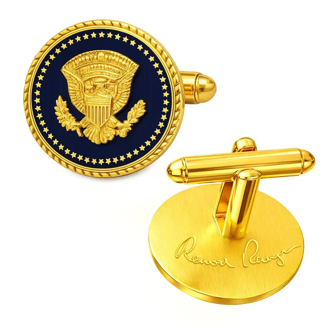 President Ronald Reagan 24k Gold Plated Eagle Coin Presidential Blue Cobalt Cufflinks | President Ronald Reagan Signature 24K Gold-Plated Blue Cobalt Eagle Coin Cufflinks, 50-Star Presidential Collectible Cuff Links with Gift Box