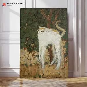 Vintage Cat Canvas Wall Art, White Cat Oil Painting Style Print, Textured Impasto Pet Artwork, Earthy Neutral Rustic Cottagecore Wall Decor for Living Room Bedroom