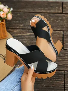 Women's Summer Fashion Open Toe Platform Chunky High Heel Sandals, Comfortable Slip-On Casual Shoes, Large Size Outdoor Wear
