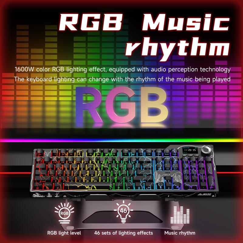 Ajazz AK35I V4 QMK Full-Size Wireless Ergonomic Mechanical Gaming Keyboard with Rotary Knob and Smart Screen Numeric Keypad. The perfect choice for both gaming and office use. Cream-colored keyboard. Christmas gift.