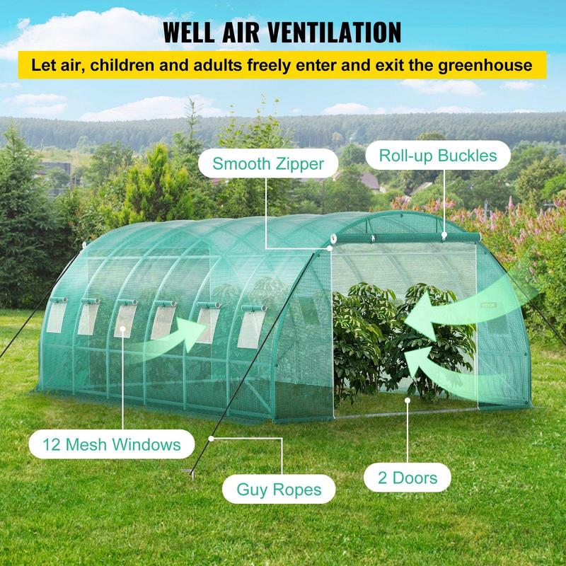 VEVOR Walk-in Tunnel Greenhouse, Portable Plant Hot House w/ Galvanized Steel Hoops, Top Beams, Diagonal Poles, Zippered Doors & Roll-up Windows