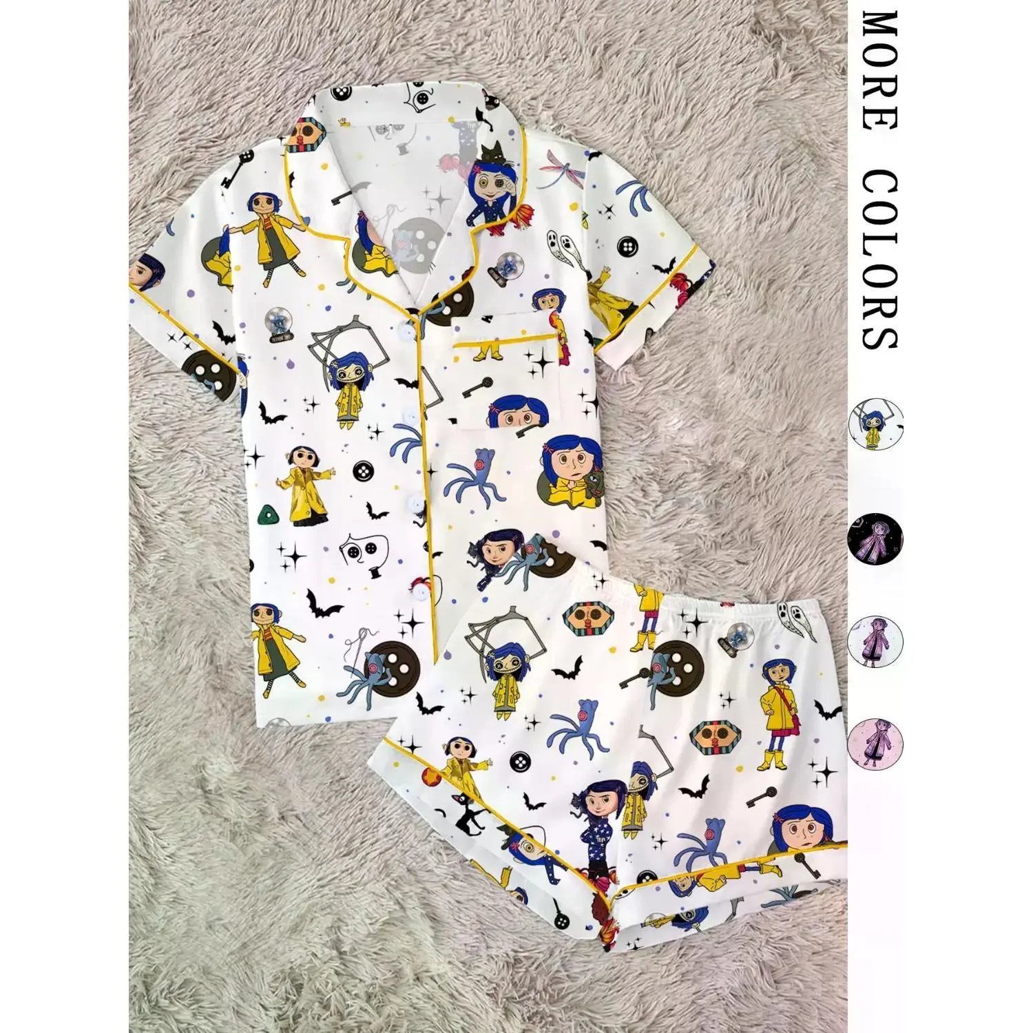 Halloween Fantasy Adventure Cartoon Girl Print Pajama Set for Women, Short Sleeve Open Front Two-Piece Sleepwear, Gothic Trim Style Loungewear