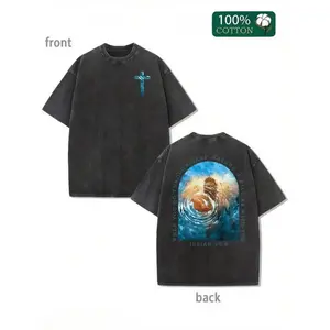 Men's Vintage Faded T-Shirt with Ocean Religious Art Graphic, Premium Soft Cotton Streetwear Essential for Daily Wear, Beach Party, or Unique Gift