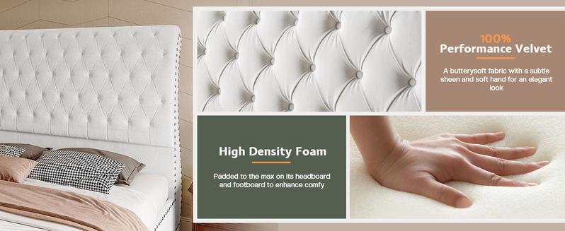 AMERLIFE Luxury Bed Frame with Scroll Headboard & Footboard, Modern Velvet Upholstered Platform Sleigh Bed with Button Tufted, No Box Spring Needed/Unique Bedroom Furniture/Best Gift Ideas/Christmas Gifts