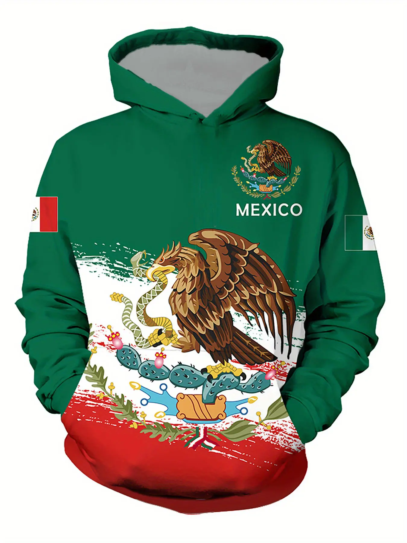 Mexican Style Men's Fitted Long Sleeve Hooded Sweatshirt, Eagle Snake Ethnic Print Casual Streetwear, Kangaroo Pocket, Stretch Fabric, Elastic, Tops