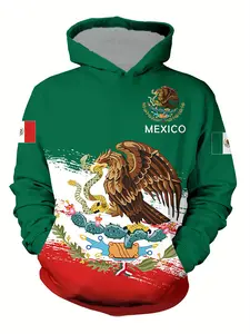 Mexican Style Men's Hooded Sweatshirt, Eagle Snake Print Casual Streetwear, Kangaroo Pocket, Stretch Fabric