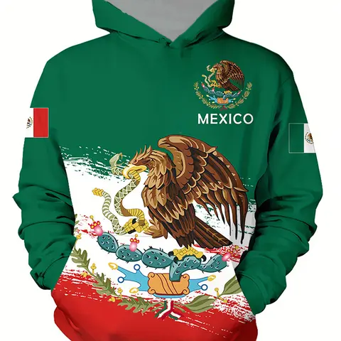 Mexican Style Men's Fitted Long Sleeve Hooded Sweatshirt, Eagle Snake Ethnic Print Casual Streetwear Hoodies, Kangaroo Pocket, Stretch Fabric, Elastic, Tops