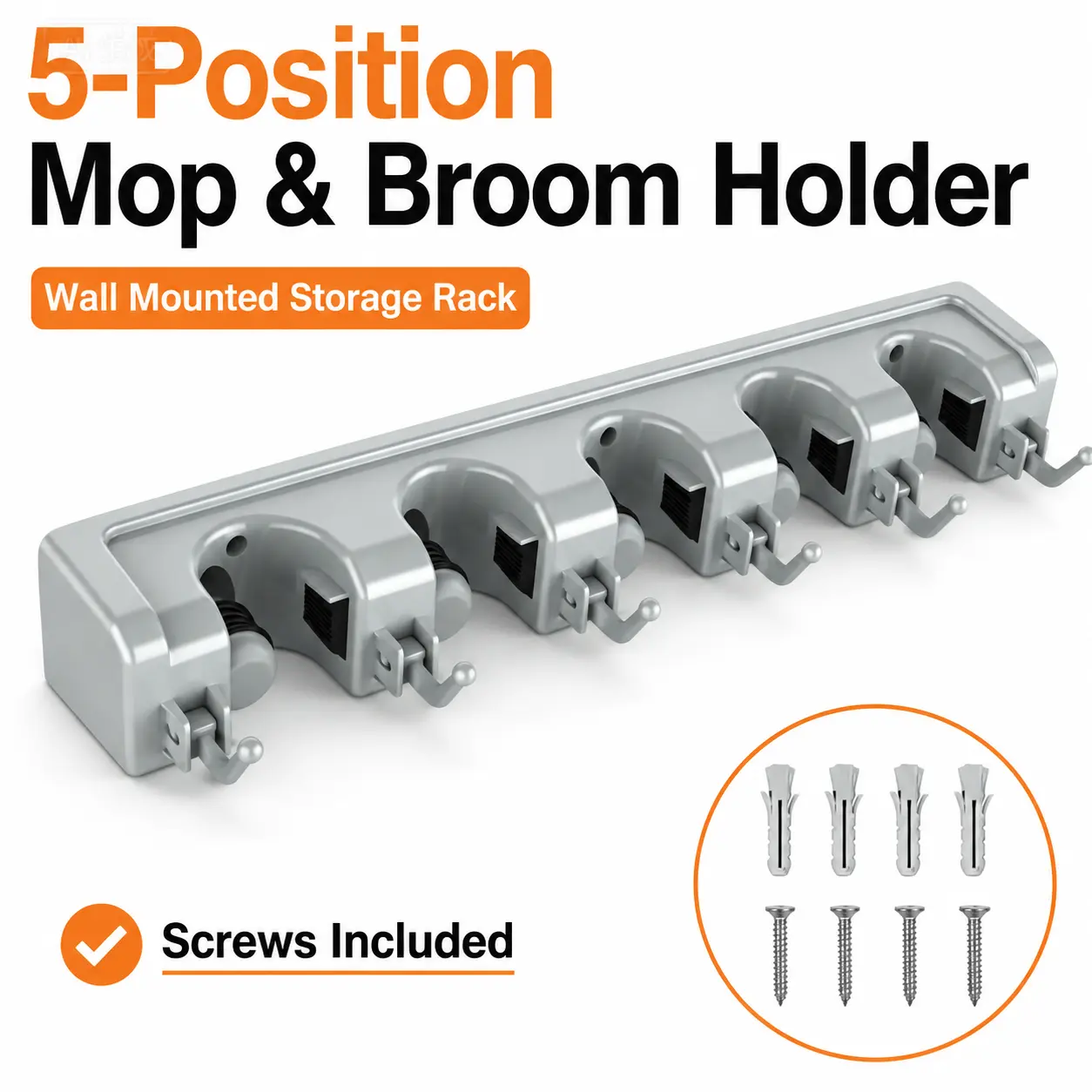 Wall Mount Broom Mop Holder, Heavy Duty Tool Organizer with 5 Spring Lock Slots & 6 Utility Hooks, Holds Up to 7.5 Lbs Per Grip, Easy Install Storage Rack for Garage, Laundry Room, Kitchen, Bathroom & Garden, Off White