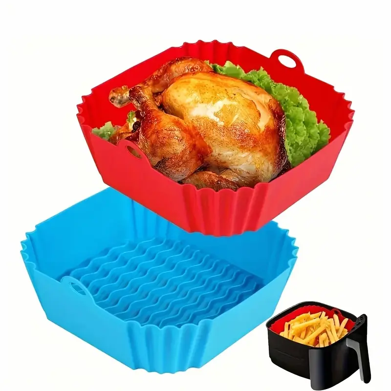 [Silicone Air Fryer Liner] 2pcs Reusable Silicone Air Fryer Liner | 8 Inches Square/Rotundity - Air Fryer Accessories For 4 To 7 QT Ovens And Microwave (Red+grey)
