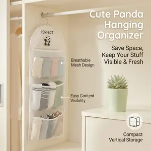Cute Panda Hanging Closet Organizer, Breathable Mesh Storage Bag with Multi Pockets, Space Saving Foldable Hanging Organizer for Underwear Socks, Closet Dorm Room Storage