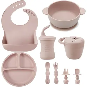 Silicone Baby Feeding Set |   9PCS Baby Led Weaning Supplies Self Feeding Utensils |   Divided Suction Plate Bowl Bibs Sippy Cup with Baby Snack Container Spoons Forks (Pink)