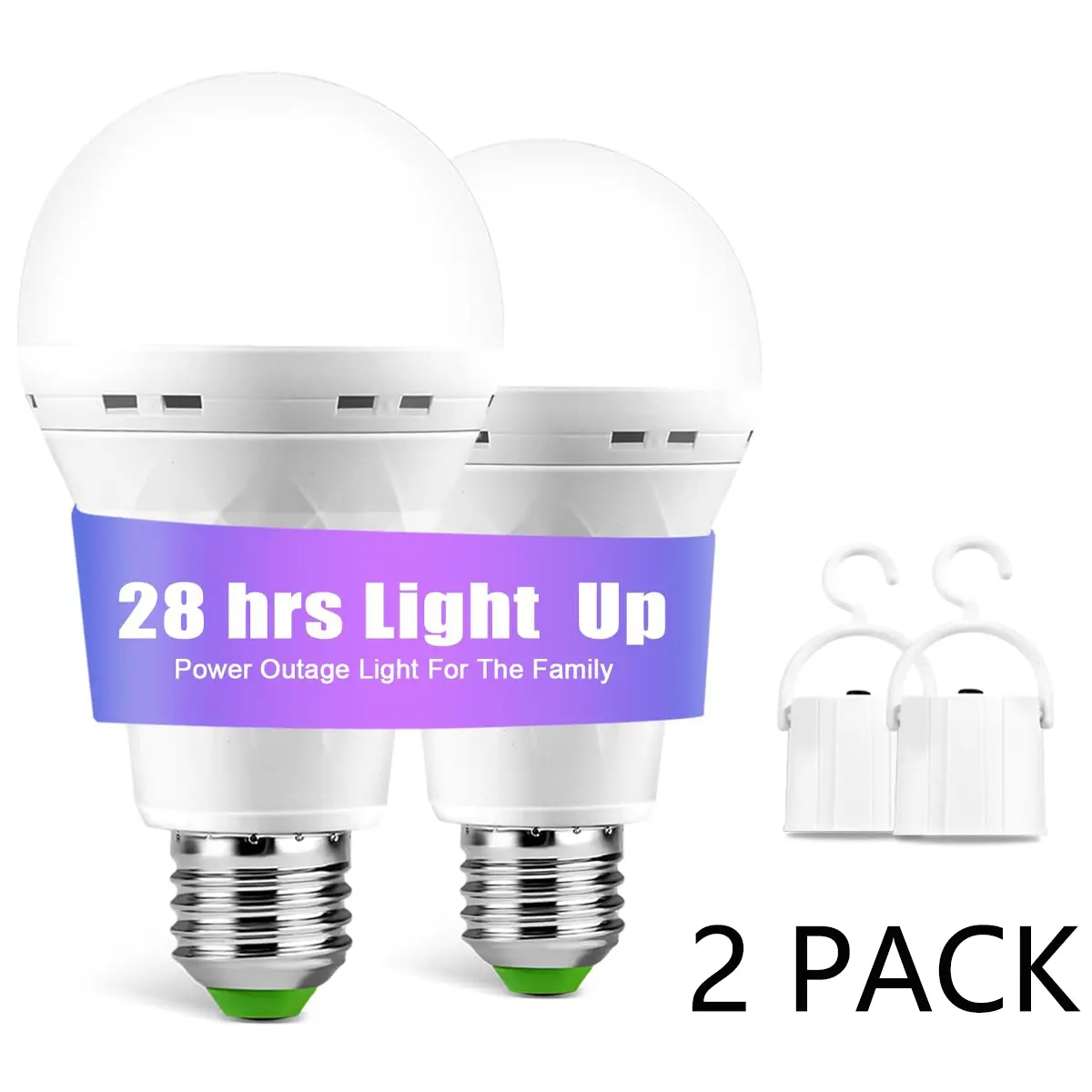 2 Pack Emergency-Rechargeable Light Bulb With Hook,Stay Lights Up When Power Failure, 1200mAh 15W LED Light Bulbs for Home, Camping, Hiking