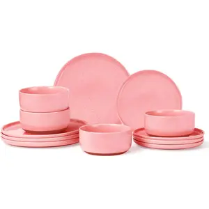 Modern Art Series - 12 count Speckled Stoneware Plates and Bowls Sets, Ceramic Dinnerware Set with Rustic Terracotta Underside, Microwave and Dishwasher Safe Handcrafted Dishes Set - Blush